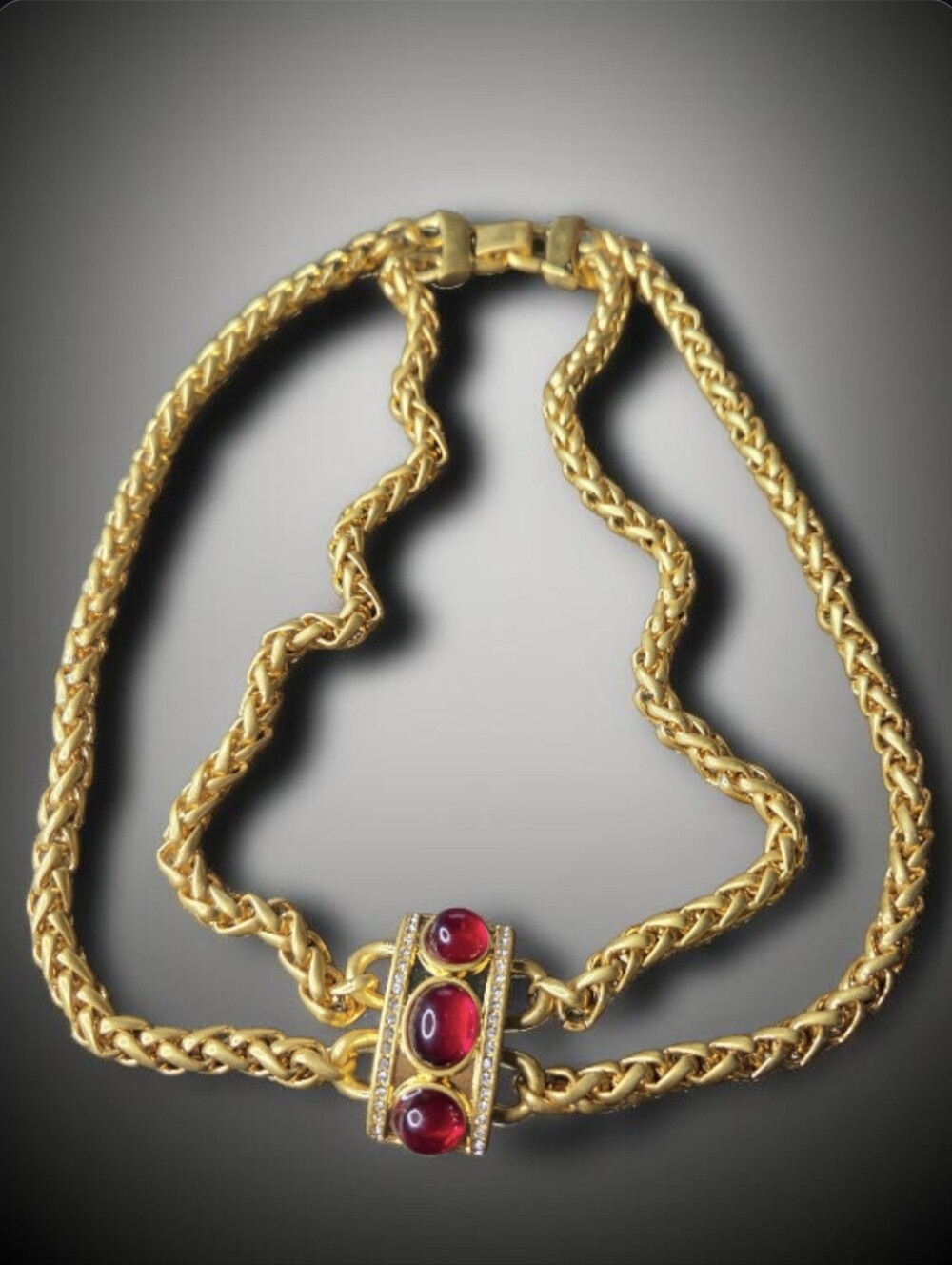 18k Matte Gold Plated Chunky Byzantine Ruby Cabochon Crystal Designer Necklace